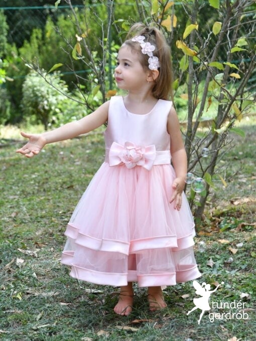 Lora- Rózsaszín tüll elegáns kislány alkalmi ruha levehető masnival