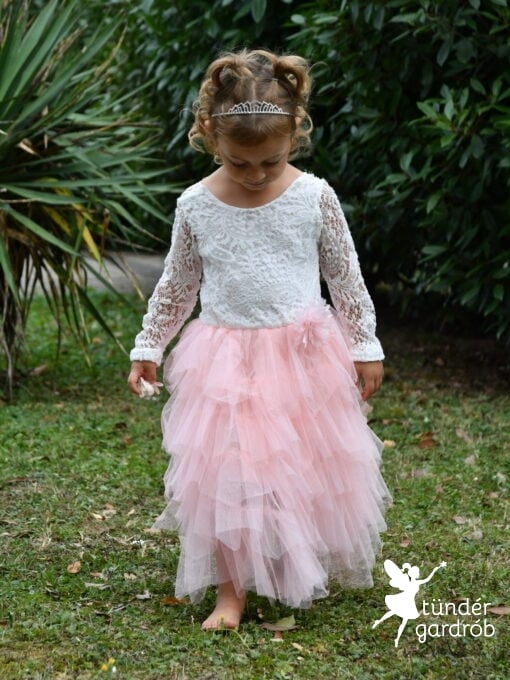 LILI- Fehér-rózsaszín többsorosan fodros földig érő romantikus kislány tüll ruha