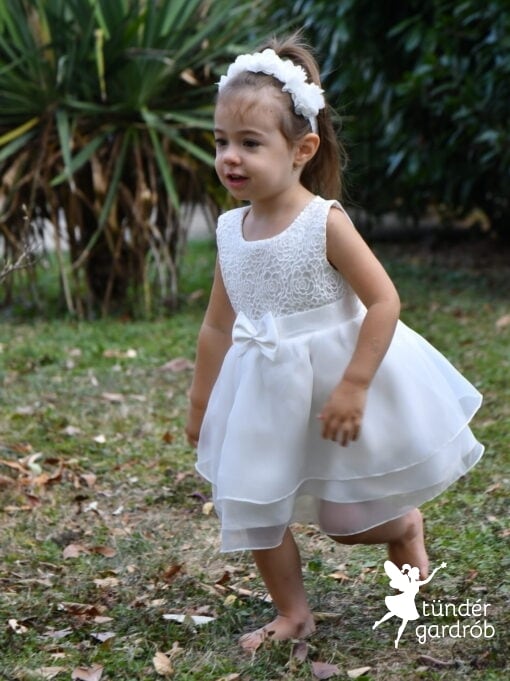 CSEPKE- Fehér elegáns kislány alkalmi ruha masnival, hajpánttal